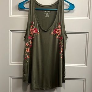 American Eagle Olive Green Floral Embroidered Soft & Sexy Tank Top